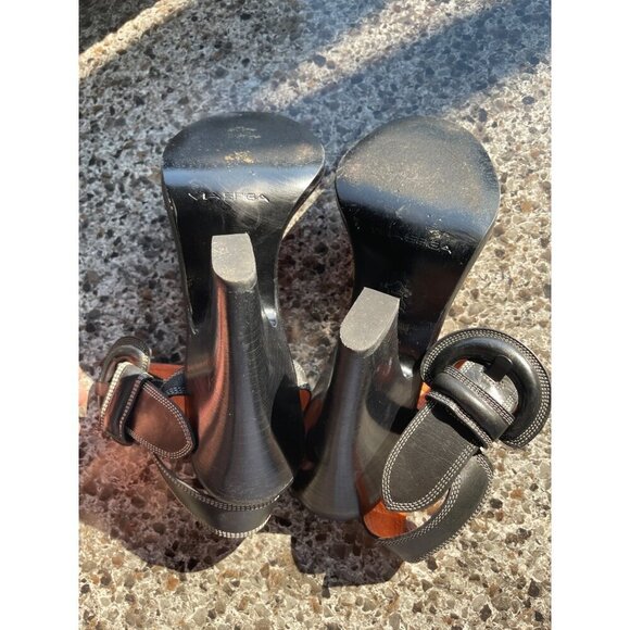 Via Spiga oversize buckel Leather Black Strappy Sandals 4.75” heels Women sz 8M - Picture 11 of 16